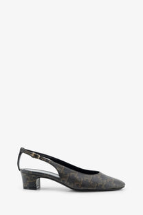 Celine women’s neo city triomphe black and gold monogram slingback pump with low block heel in coated canvas
