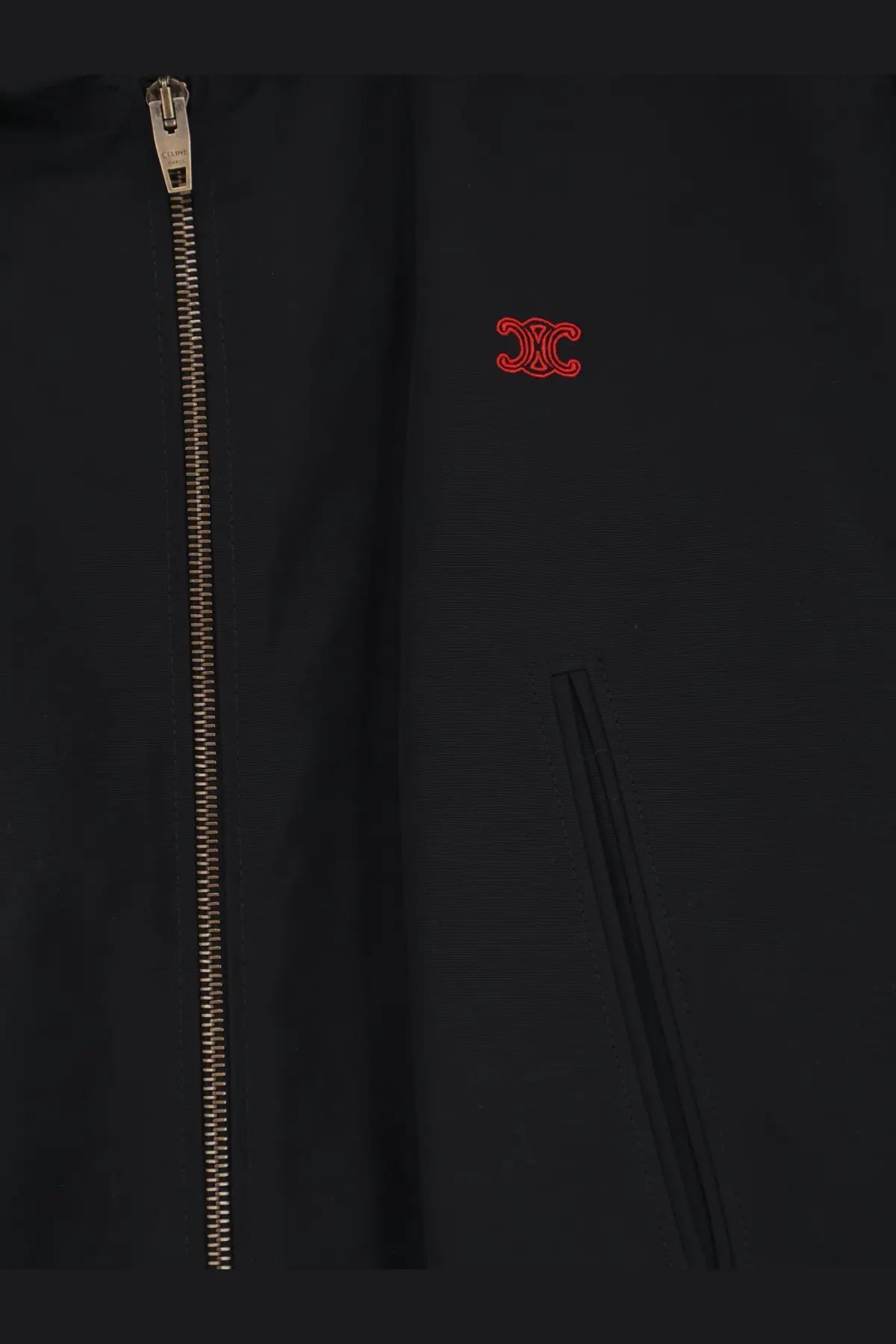 Black celine women’s nylon and cotton windbreaker jacket with gold-toned zipper and red embroidered logo