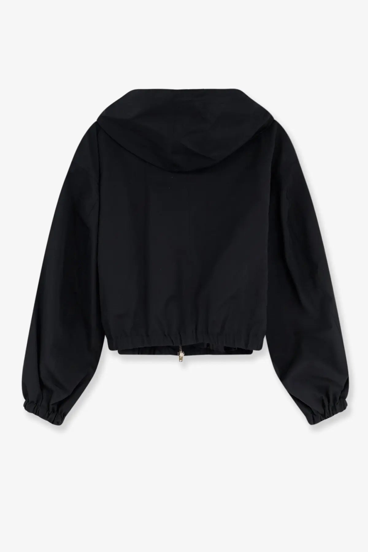 Celine women’s black nylon and cotton windbreaker jacket with hood elastic cuffs and drawstring waist front view