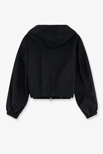 Celine women’s black nylon and cotton windbreaker jacket with hood elastic cuffs and drawstring waist front view