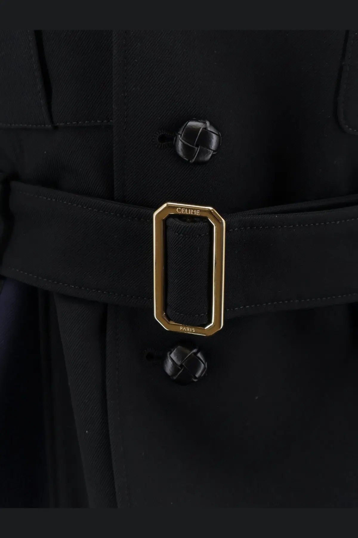 Black celine paris belt buckle with gold-tone rectangular frame and braided leather buttons on black peplum wool jacket