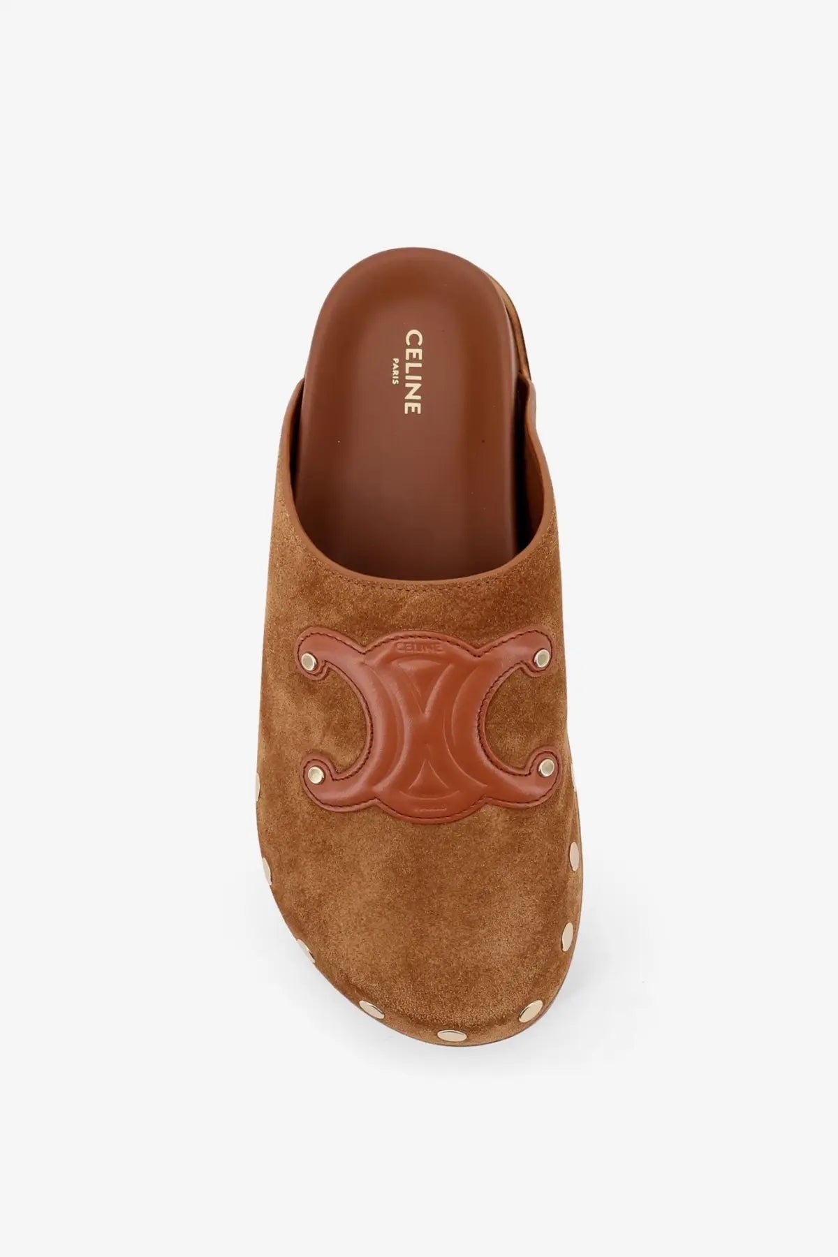 Celine women’s pitea brown suede mule slip-on shoe with tan leather logo medallion and metallic studded sole