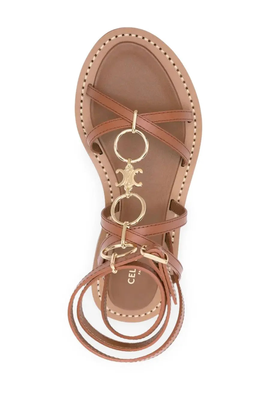 Brown leather celine women’s sandal with gold-tone metal rings and logo charm in lympia style