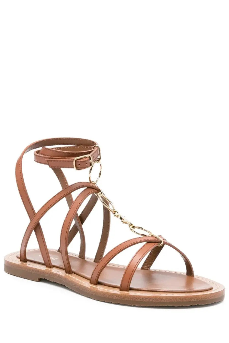 Celine women’s brown leather strappy sandal with gold-tone chain detailing and ankle strap