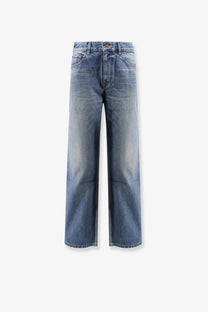 Celine women’s stone washed cotton high waisted wide leg denim jeans in faded medium blue with frayed hems