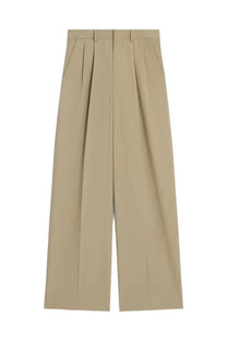 Beige Celine women’s straight pants with high-waisted wide-leg cut and structured pleated front tailoring