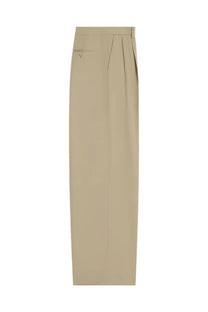Beige pleated celine women’s straight trousers with tailored fit and subtle front pocket detail