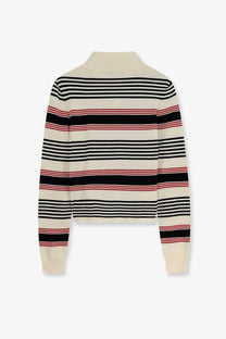 Celine women’s striped cotton polo sweater in cream with black red and off-white horizontal stripes and mock neck