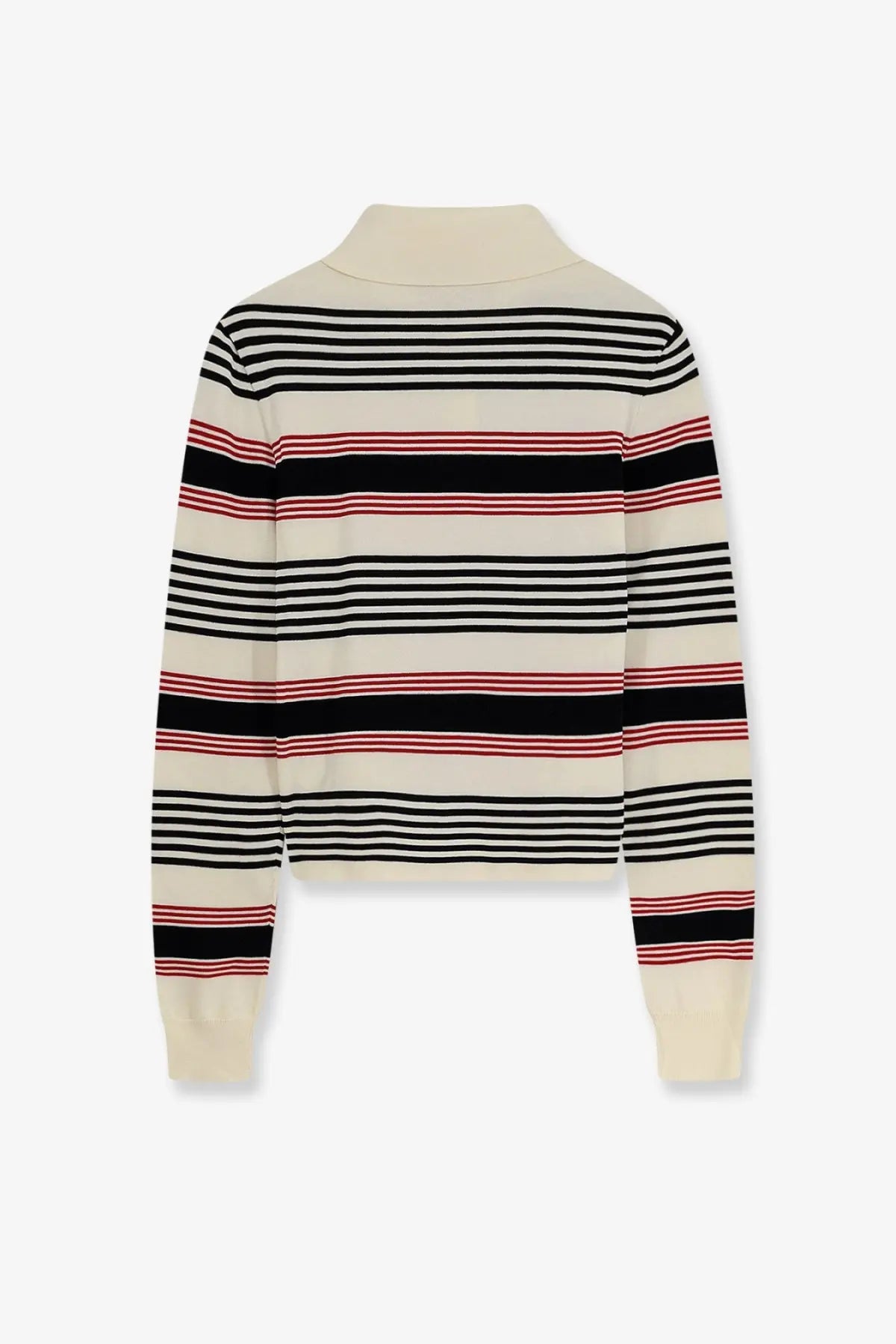 Celine women’s cream cotton polo sweater with long sleeves, mock neck, and black red off-white stripes