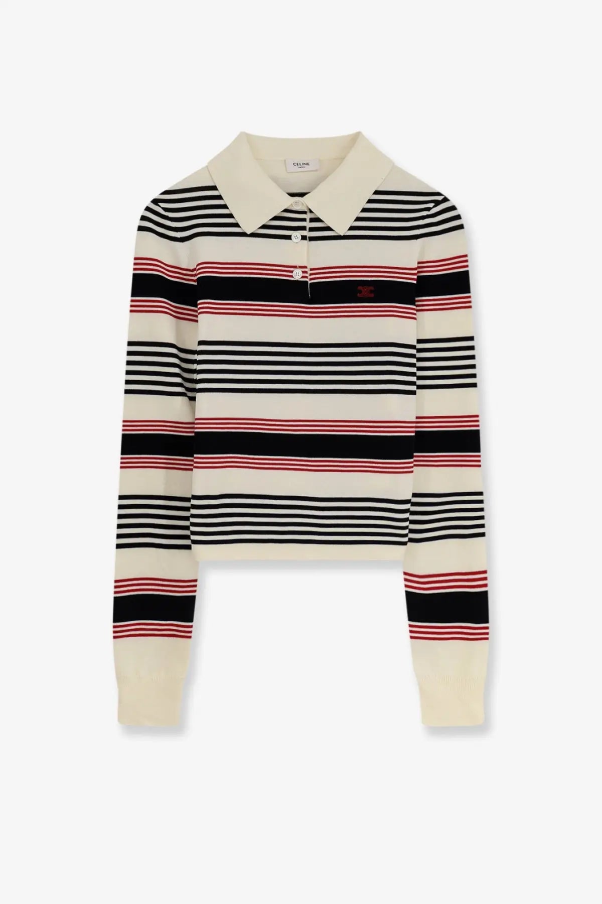 Cream-colored Celine women’s striped cotton polo sweater with black and red horizontal stripes and classic collar