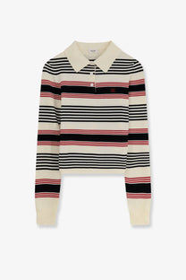 Cream-colored Celine women’s striped cotton polo sweater with black and red horizontal stripes and classic collar