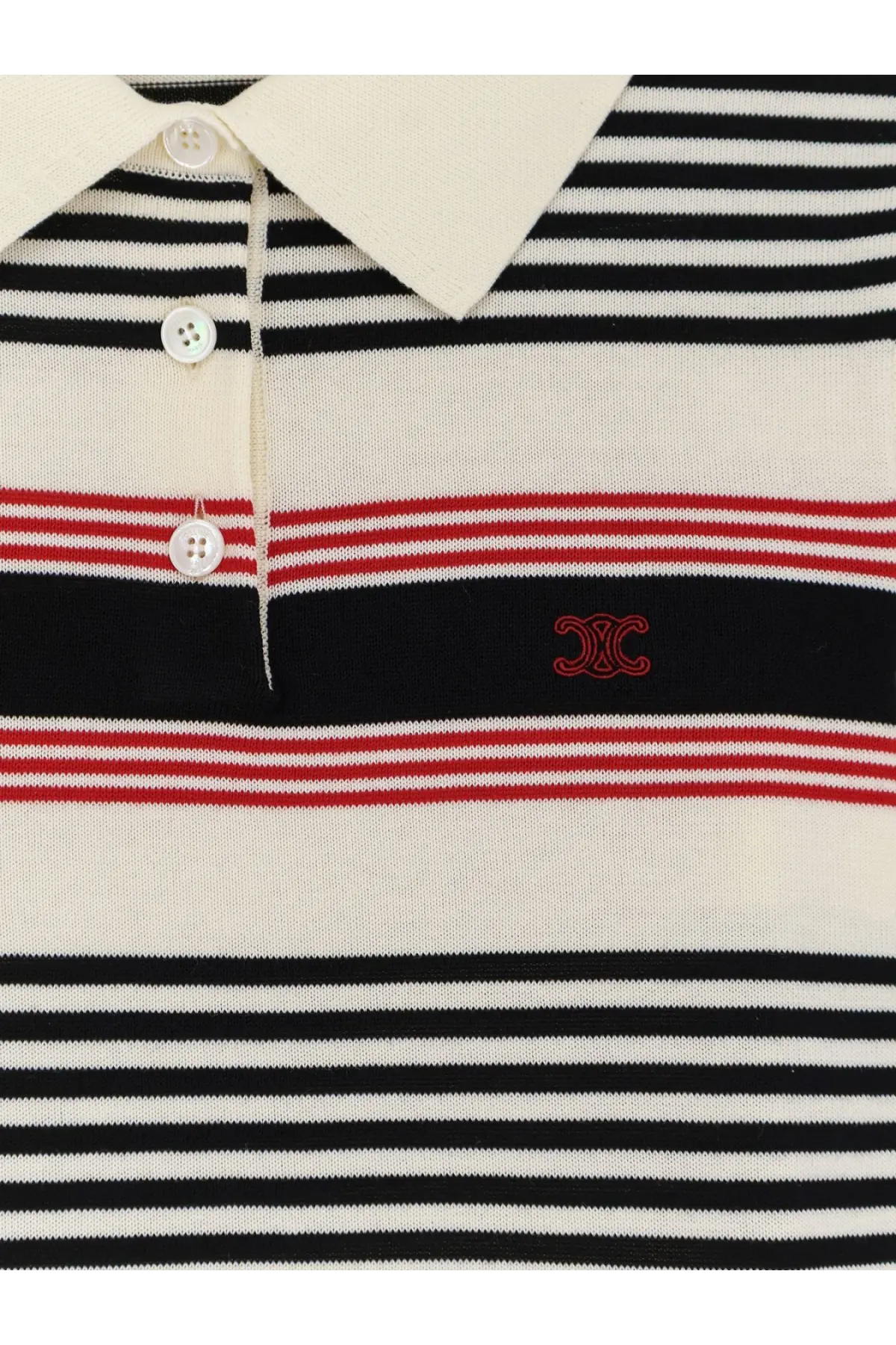 Celine women’s black striped cotton polo sweater with white and red stripes cream collar and white buttons