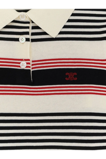 Celine women’s black striped cotton polo sweater with white and red stripes cream collar and white buttons