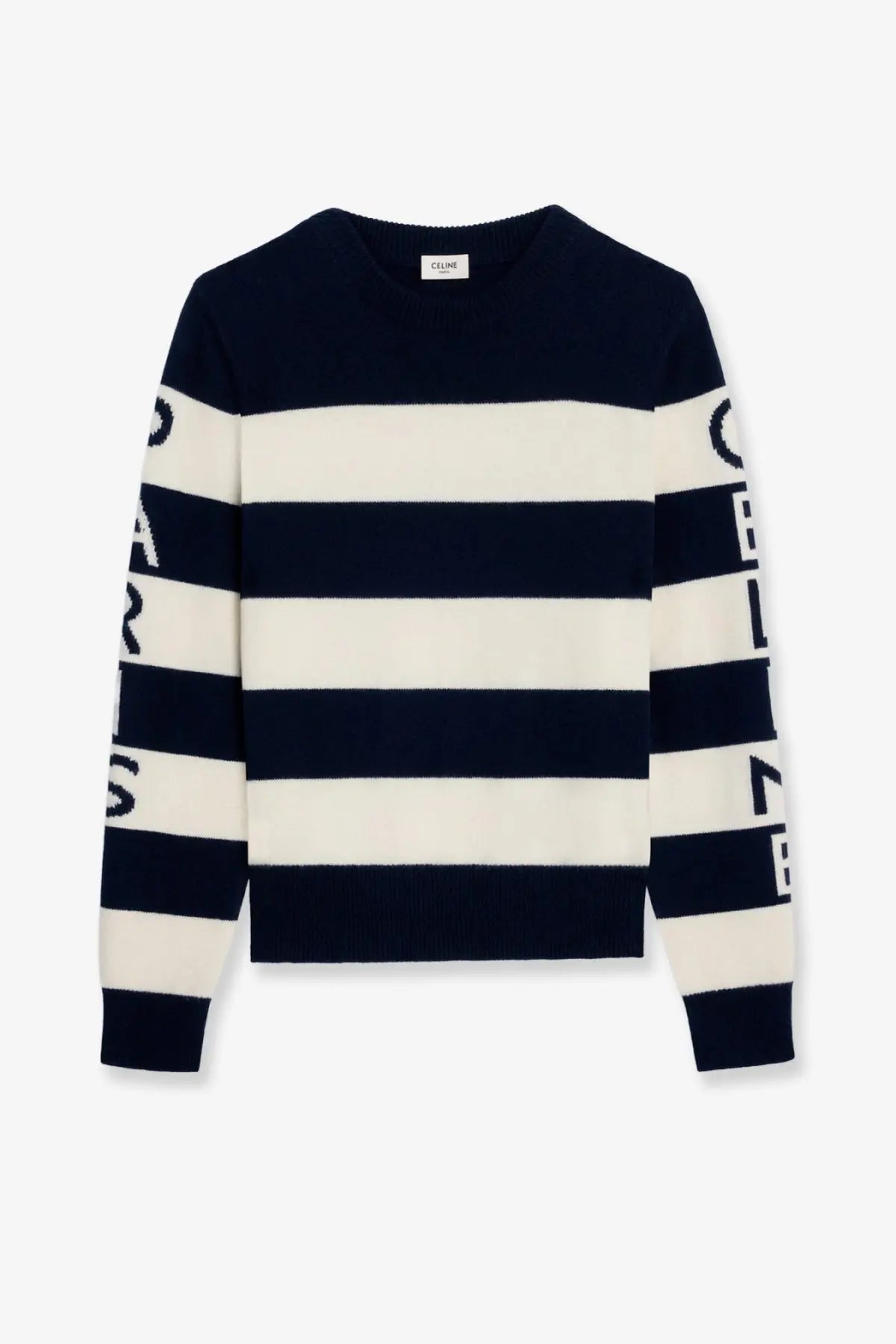 Celine women’s navy blue and off-white striped wool sweater with bold sleeve lettering and classic crew neck design