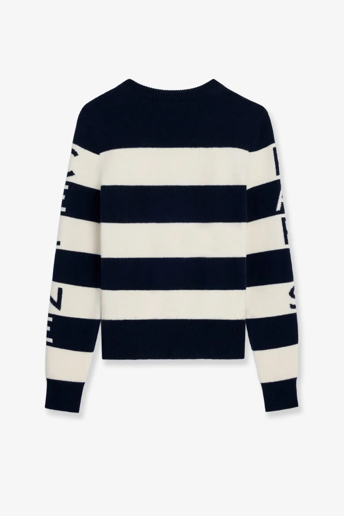 Celine women’s striped wool sweater in navy and cream knit with bold lettering on the sleeves