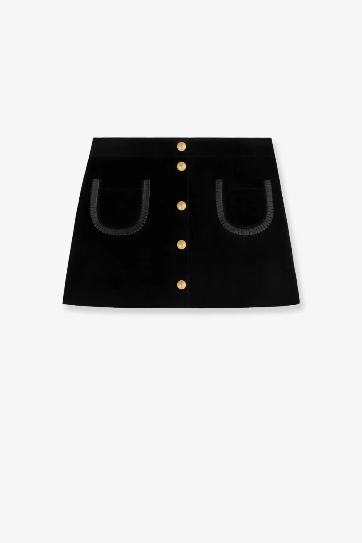 Celine women’s black suede miniskirt with gold-tone buttons and fringed pocket trim in black velvet
