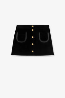 Celine women’s black suede miniskirt with gold-tone buttons and fringed pocket trim in black velvet
