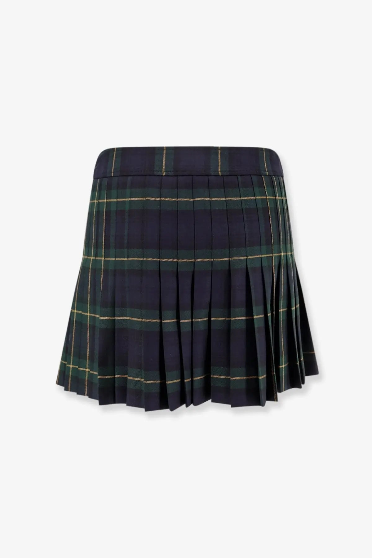 Celine women’s tartan wool kilt miniskirt in navy blue and green plaid with pleats and thin gold stripes