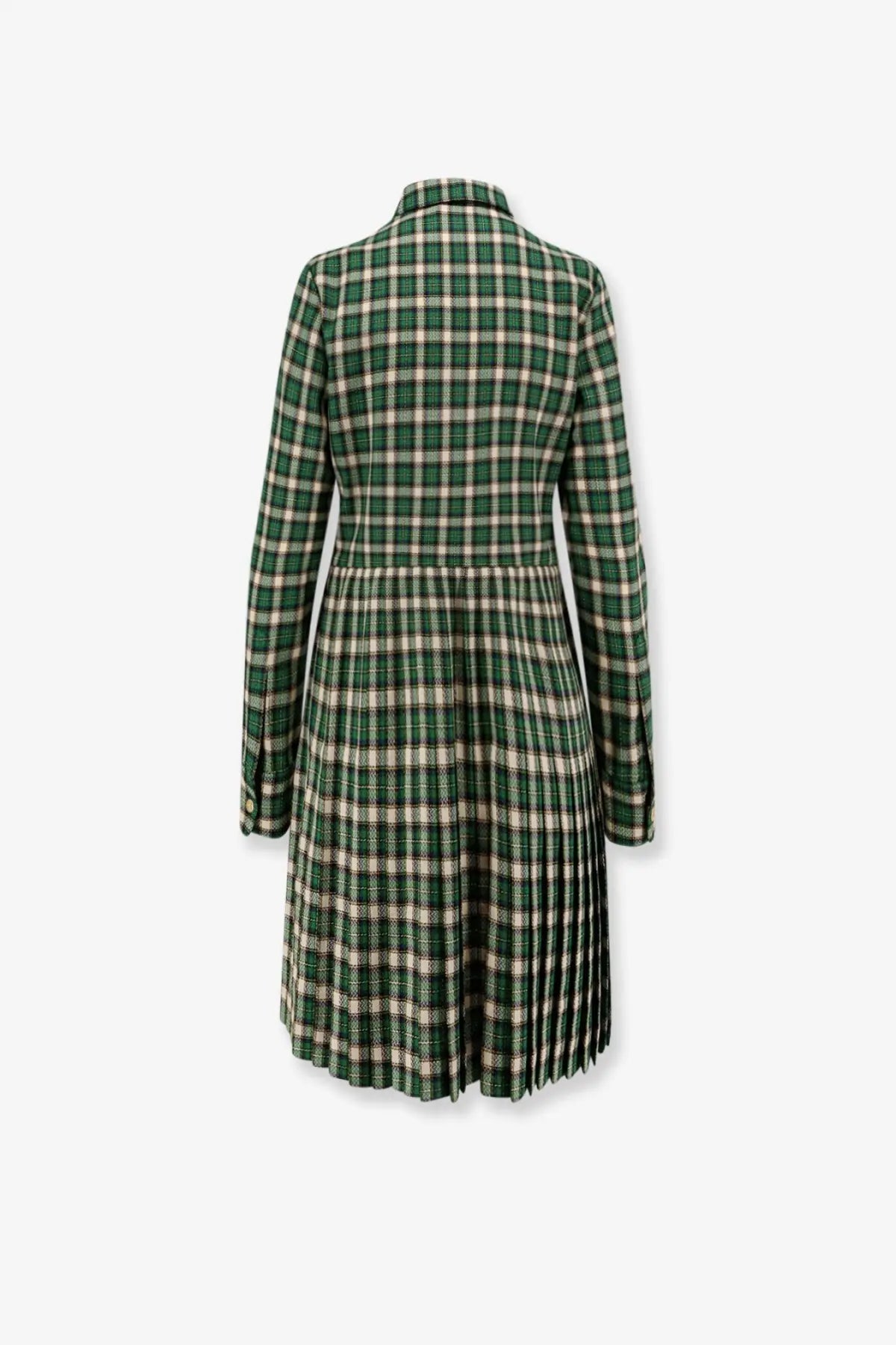 Celine women’s green tartan wool mini dress with beige plaid pattern, pleated skirt, collar, and long sleeves