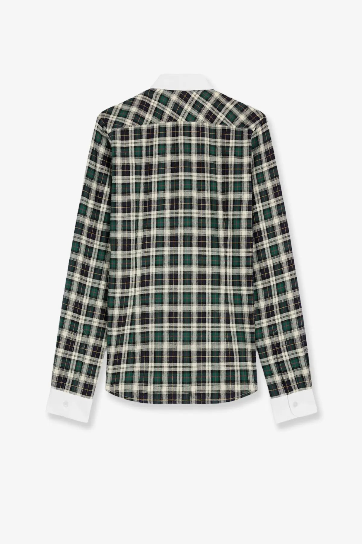 Celine women’s tartna green cotton shirt with dark green and white plaid pattern and crisp white collar and cuffs