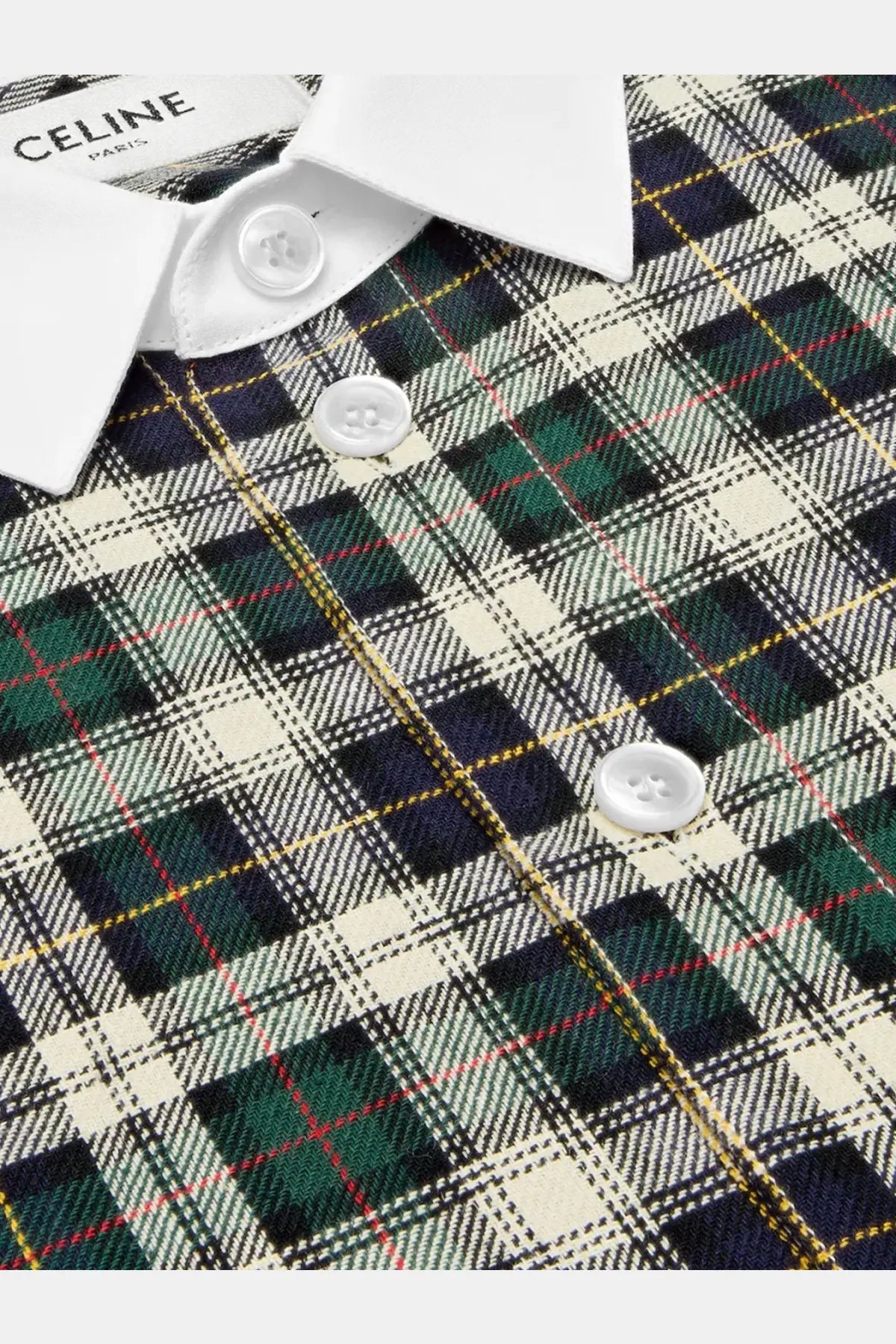 Celine women’s tartan cotton shirt green with white collar matching buttons and intricate multicolor plaid pattern