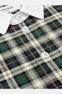 Celine women’s tartan cotton shirt green with white collar matching buttons and intricate multicolor plaid pattern