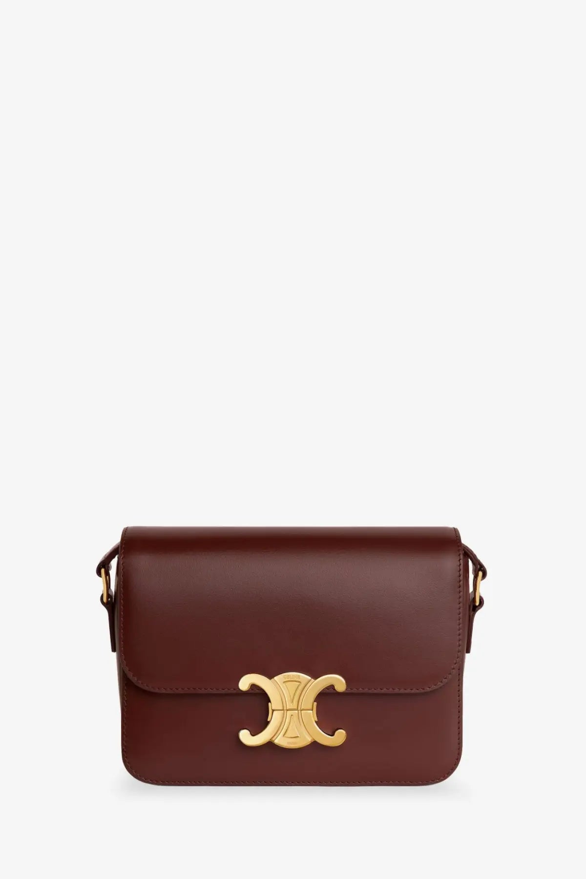Celine women’s teen triomphe leather crossbody bag in rich burgundy with a gold-tone c-shaped clasp