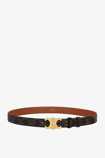 Black celine women’s coated canvas belt with gold-tone double c buckle and repeating monogram pattern in beige