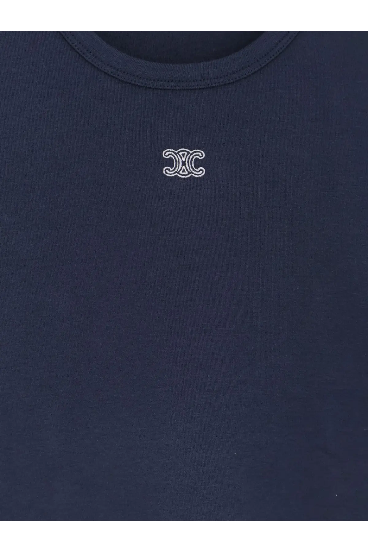 Navy blue cotton t-shirt with a small white embroidered logo on the chest from celine women’s triomphe collection