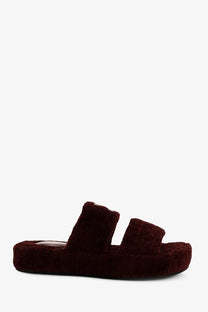 Burgundy ce line women’s triomphe fur shearling platform slide sandal with two wide straps in faux fur material