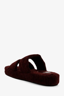 Celine women’s maroon furry slip-on slide sandal with thick platform sole and two wide shearling straps