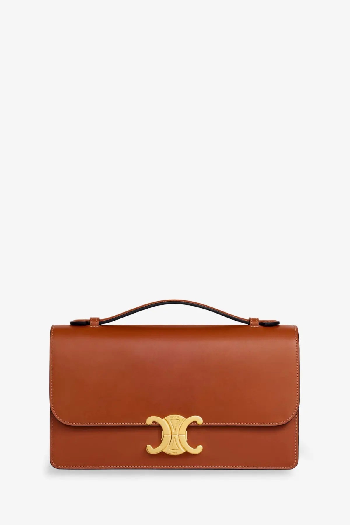 Brown leather celine women’s triomphe crossbody bag with gold-tone cc logo clasp and top handle in beige