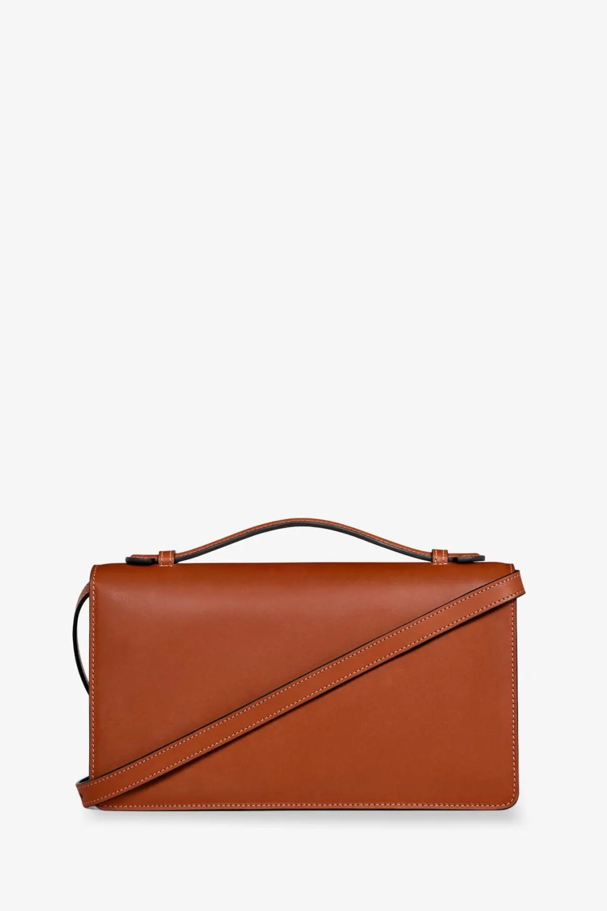 A sleek tan leather crossbody bag with minimalist design and dark brown handles from Celine women’s collection