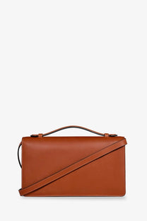 A sleek tan leather crossbody bag with minimalist design and dark brown handles from Celine women’s collection