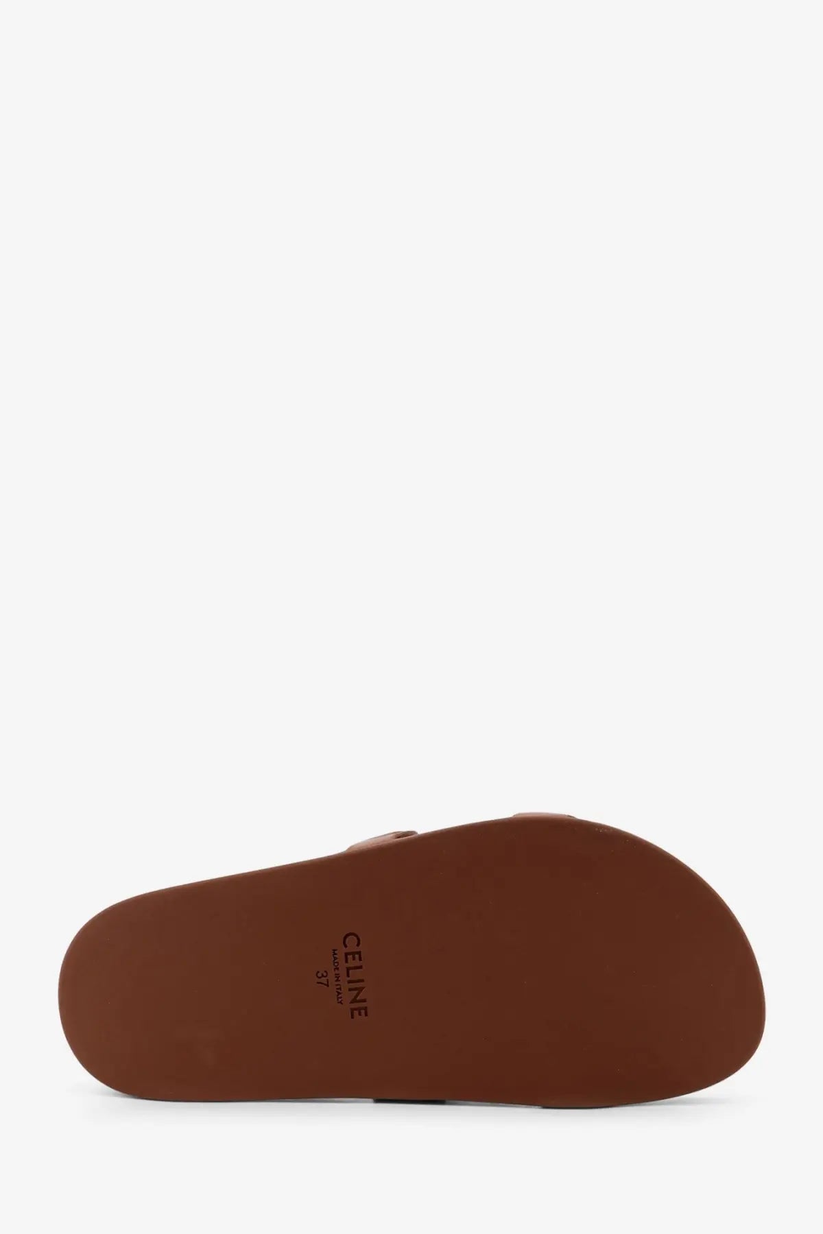 Brown leather celine womens triomphe slide sandal with minimalist design and embossed branding on the sole
