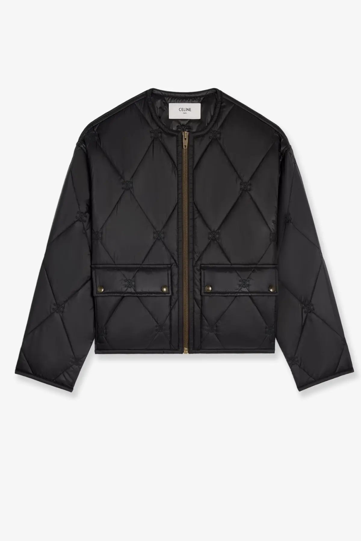 Celine women’s black quilted bomber jacket with diamond stitching and front pockets in triomphe design
