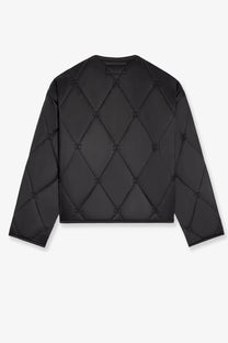Black quilted celine women’s triomphe jacket featuring diamond stitching and subtle repeating logo details