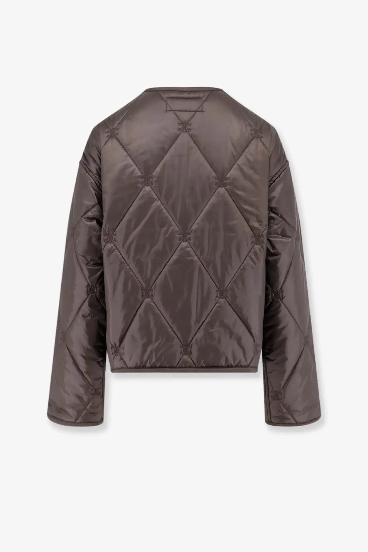 A sleek dark brown glossy quilted bomber jacket with diamond stitching from Celine women’s Triomphe collection