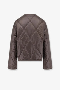 A sleek dark brown glossy quilted bomber jacket with diamond stitching from Celine women’s Triomphe collection