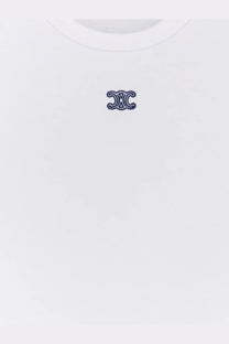 Celine women’s white cotton blend t-shirt with navy blue embroidered logo at center chest
