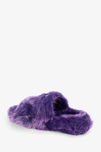 Celine women’s triomphe slide shearling sandals in purple faux fur with a plush soft texture and cozy slouchy design
