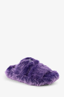 Celine women’s purple faux fur slide sandal with plush soft shearling and cozy slouchy design
