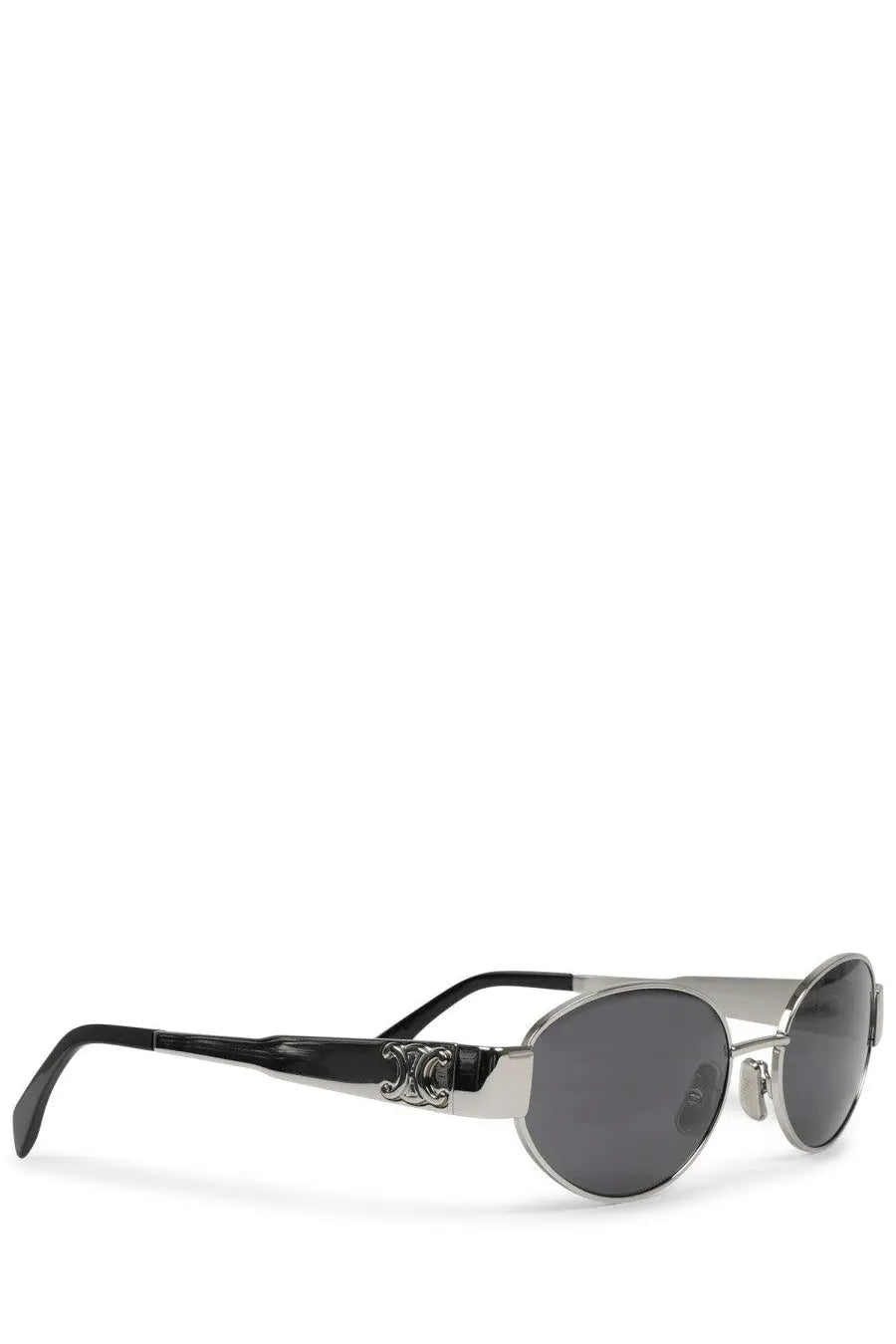 Celine women’s triomphe silver sunglasses with silver frame black temple arms interlocking c logo and dark gray lenses