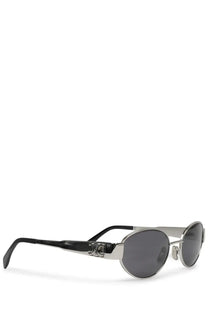 Celine women’s triomphe silver sunglasses with silver frame black temple arms interlocking c logo and dark gray lenses