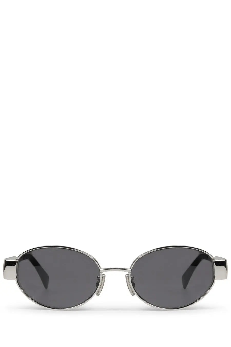 Celine women’s Triomphe silver sunglasses with silver frame oval shape and dark gray lenses minimalist design