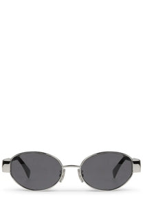 Celine women’s Triomphe silver sunglasses with silver frame oval shape and dark gray lenses minimalist design