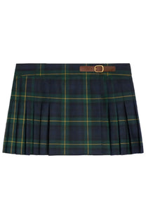 Celine women’s wool mini skirt in dark green and navy plaid with pleats and brown leather belt buckle visible front side