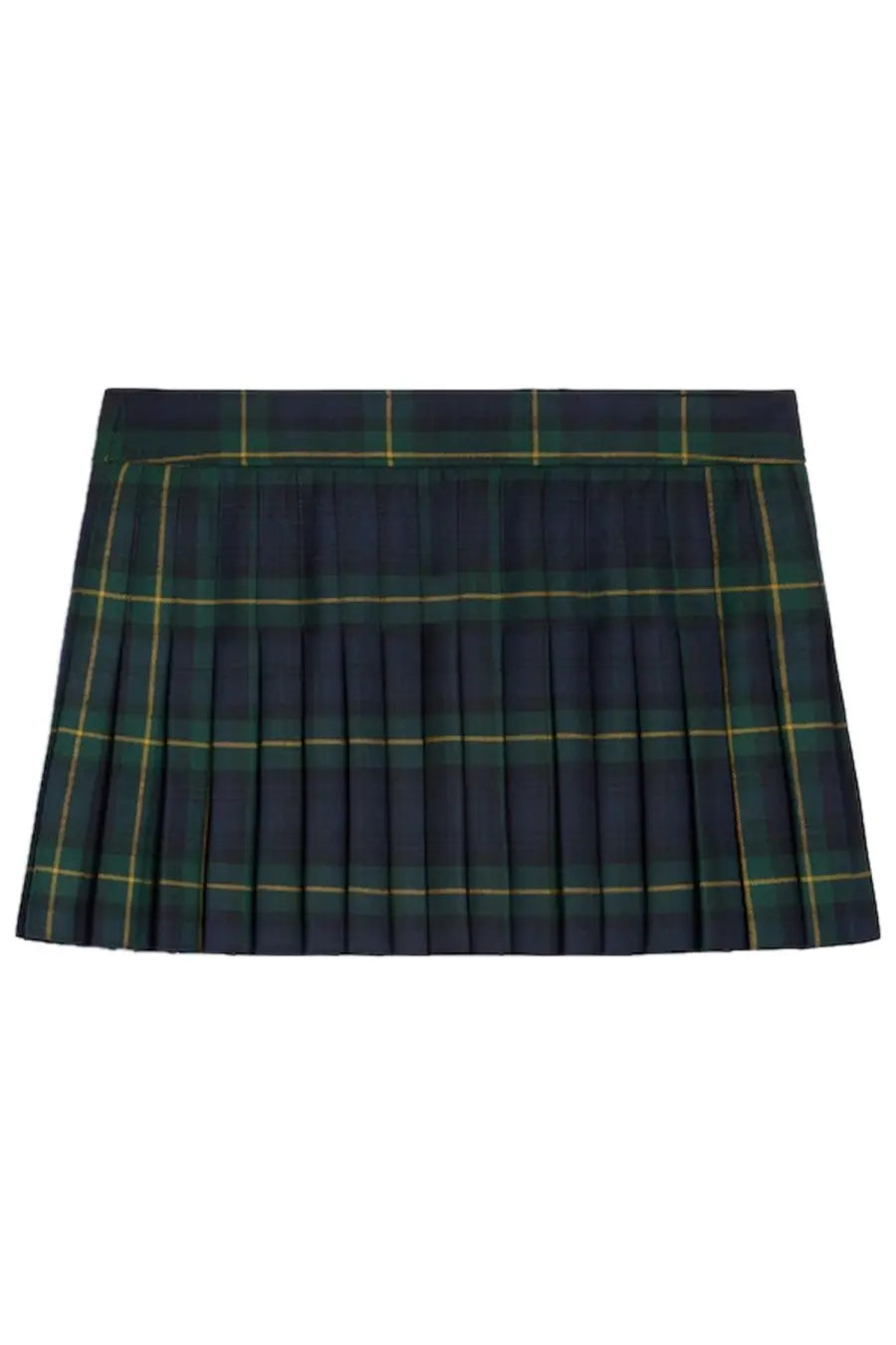 Celine women’s wool mini skirt in navy blue and green plaid with thin gold lines and pleated design