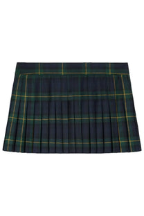 Celine women’s wool mini skirt in navy blue and green plaid with thin gold lines and pleated design