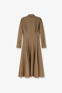 Celine women’s camel-colored wool shirt dress with long sleeves, structured collar, and flared skirt